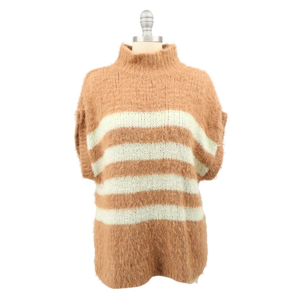 Anthropologie Pilcro Mock Neck Short Sleeve Tan Stripe Sweater S - Picture 4 of 7